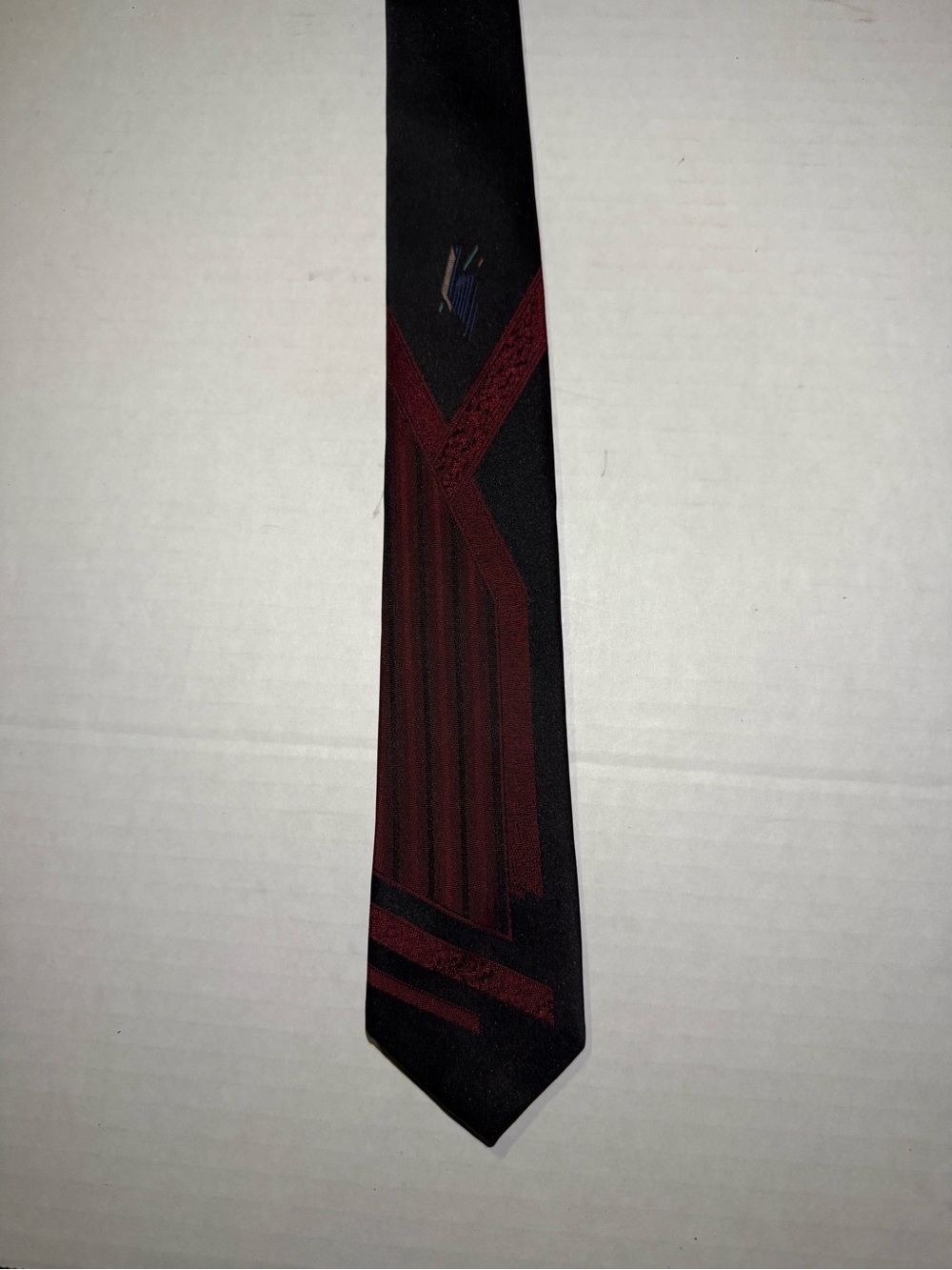 Classic Black Tie with Burgundy Geometric Stripe made in USA